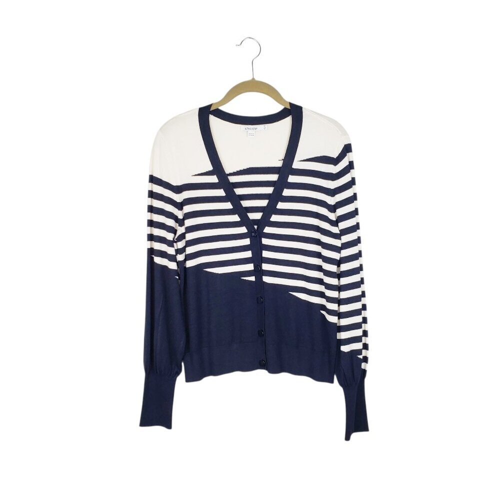 Chicos Mixed Stripe Cardigan Sweater Navy Cream V-Neck Size 0 US Size Small